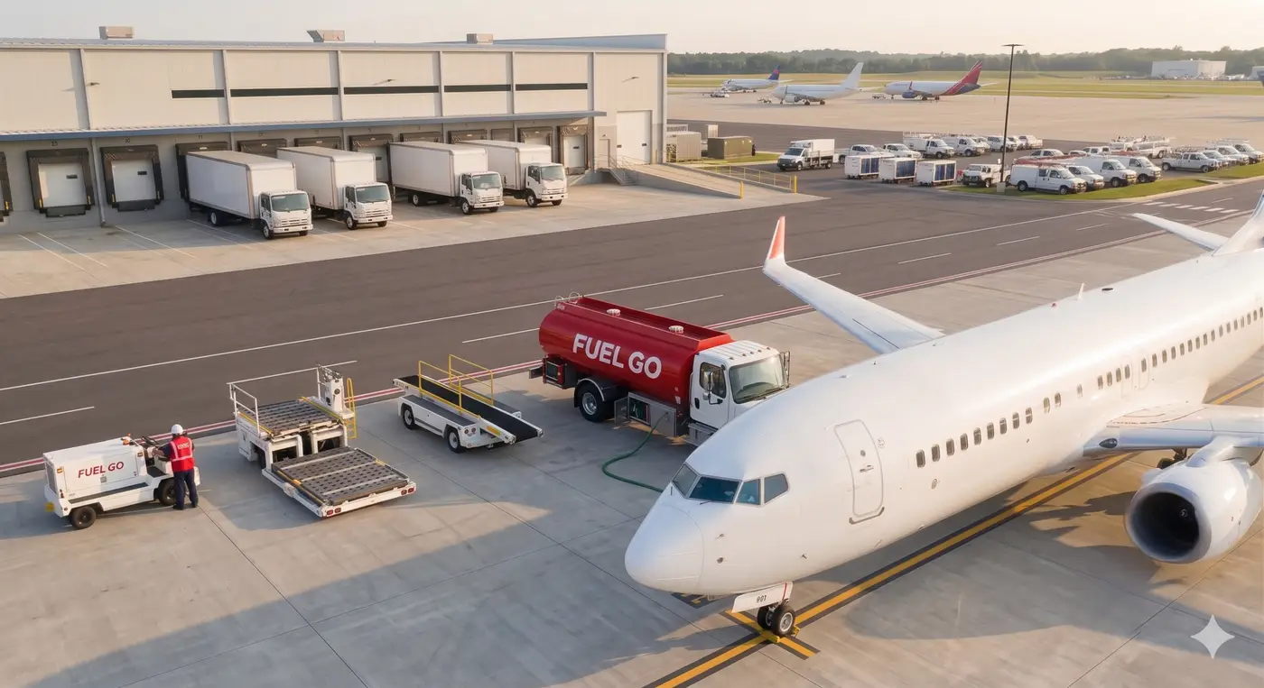 FuelGo fuel truck servicing ground equipment beside an aircraft