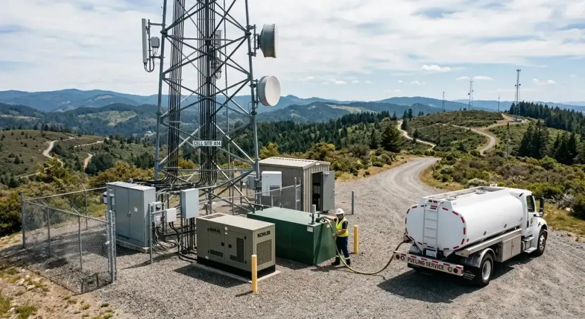 Fuel truck refilling a generator at a cell tower site