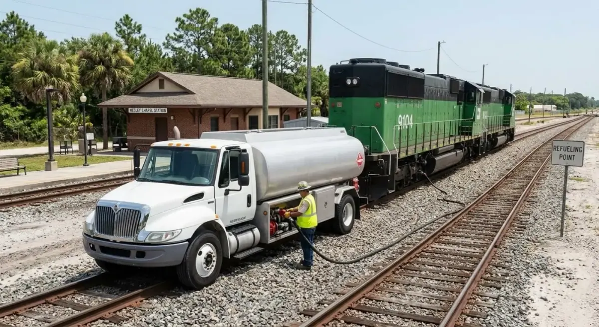 Fuel truck fueling a locomotive in a rail yard
