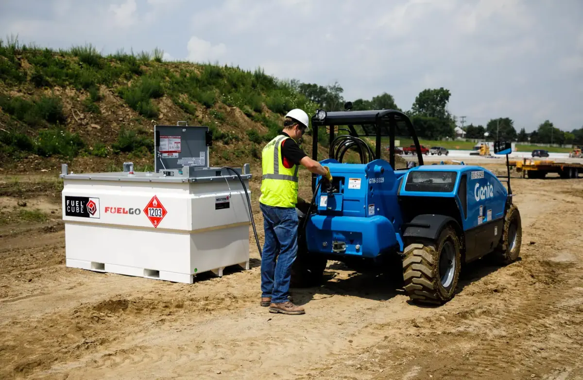 FuelGo fuel tank on a construction site with a telehandler refueling