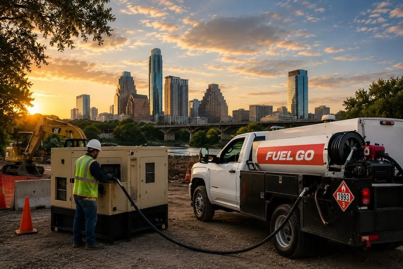 FuelGo diesel delivery truck fueling a generator on a construction site with the Austin, Texas skyline at sunset
