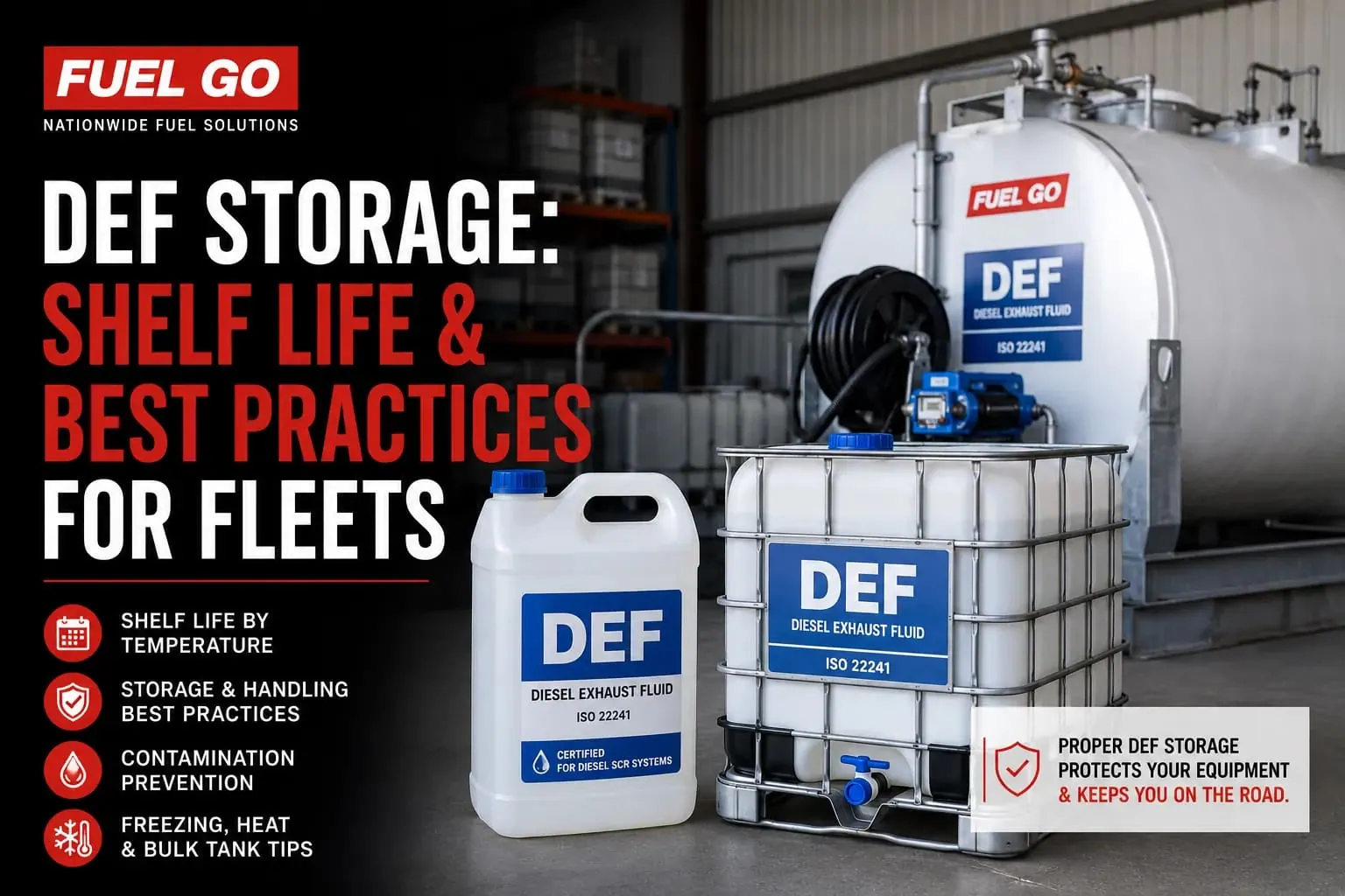 DEF diesel exhaust fluid containers and a bulk storage tank labeled ISO 22241 in a warehouse — FuelGo guide to DEF storage shelf life and best practices for fleets.
