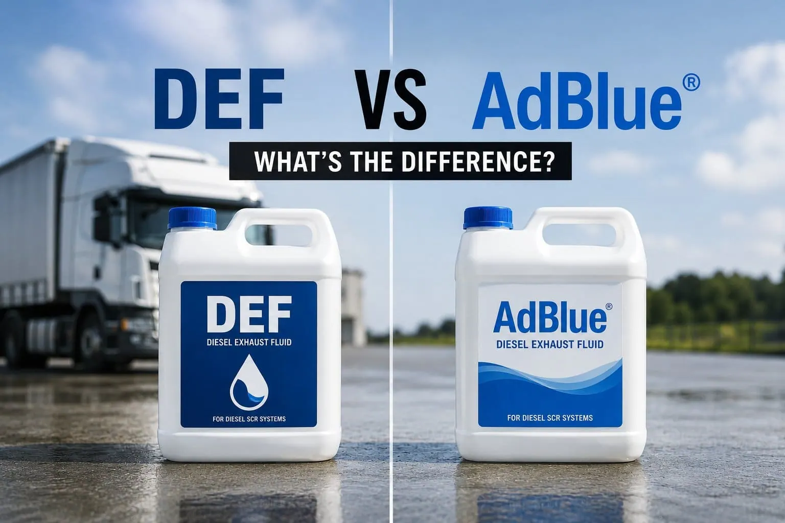 DEF vs AdBlue comparison - both products side by side showing they are the same fluid