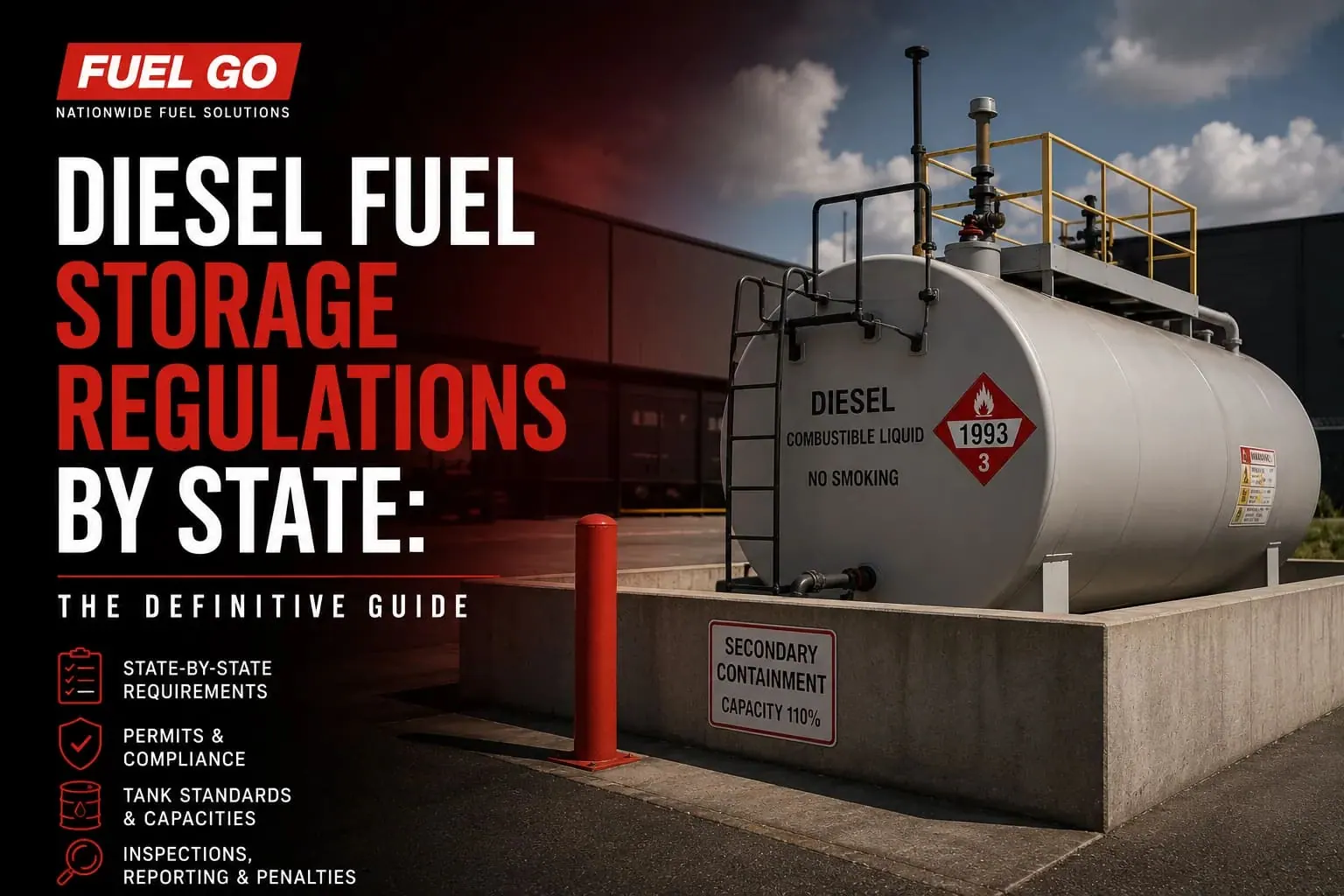 Diesel storage tank labeled combustible liquid on a concrete pad marked secondary containment capacity 110 percent — FuelGo guide to diesel fuel storage regulations by state.
