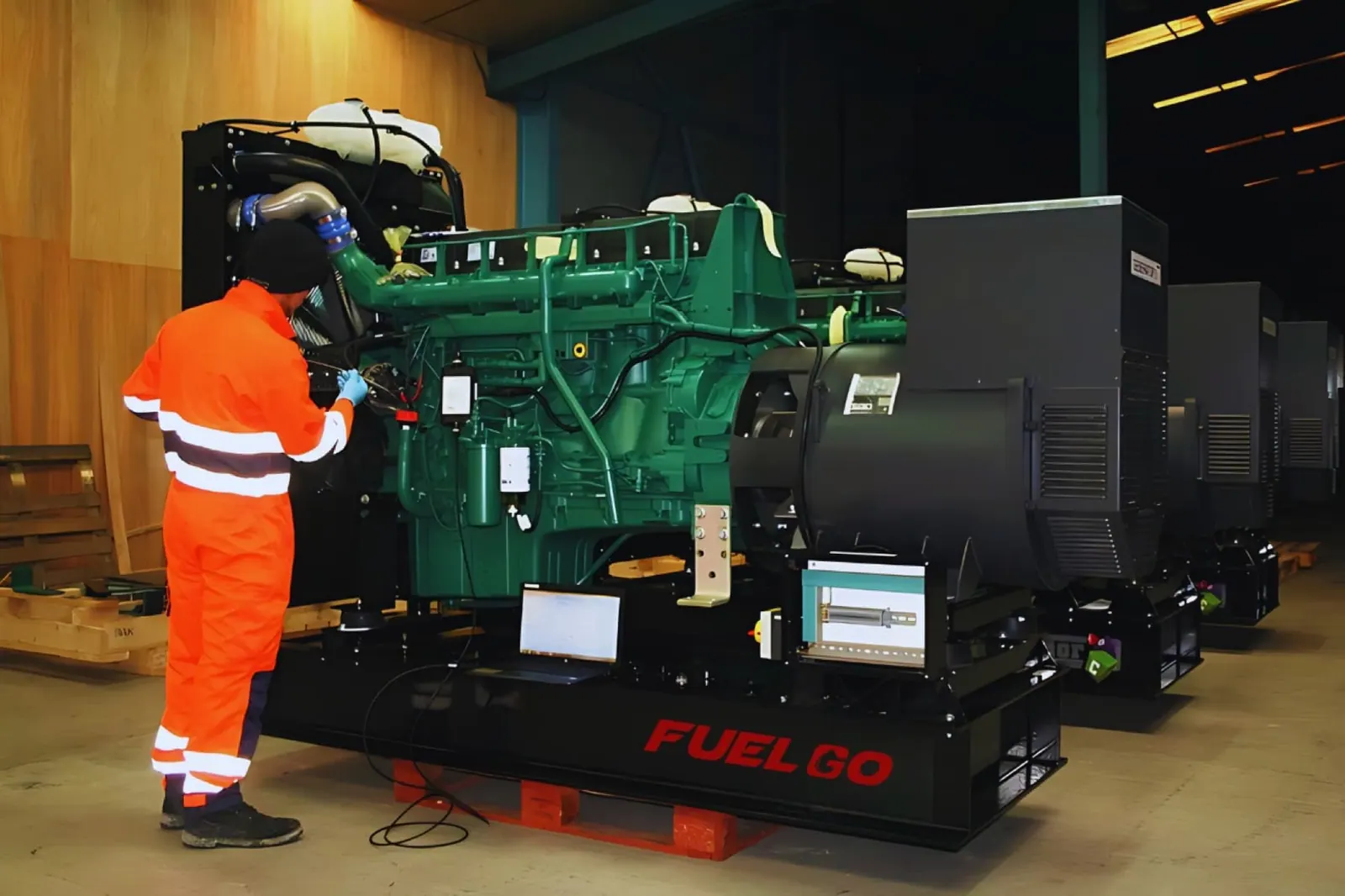 Technician in orange hi-vis coveralls working on an open-frame diesel generator set in a warehouse