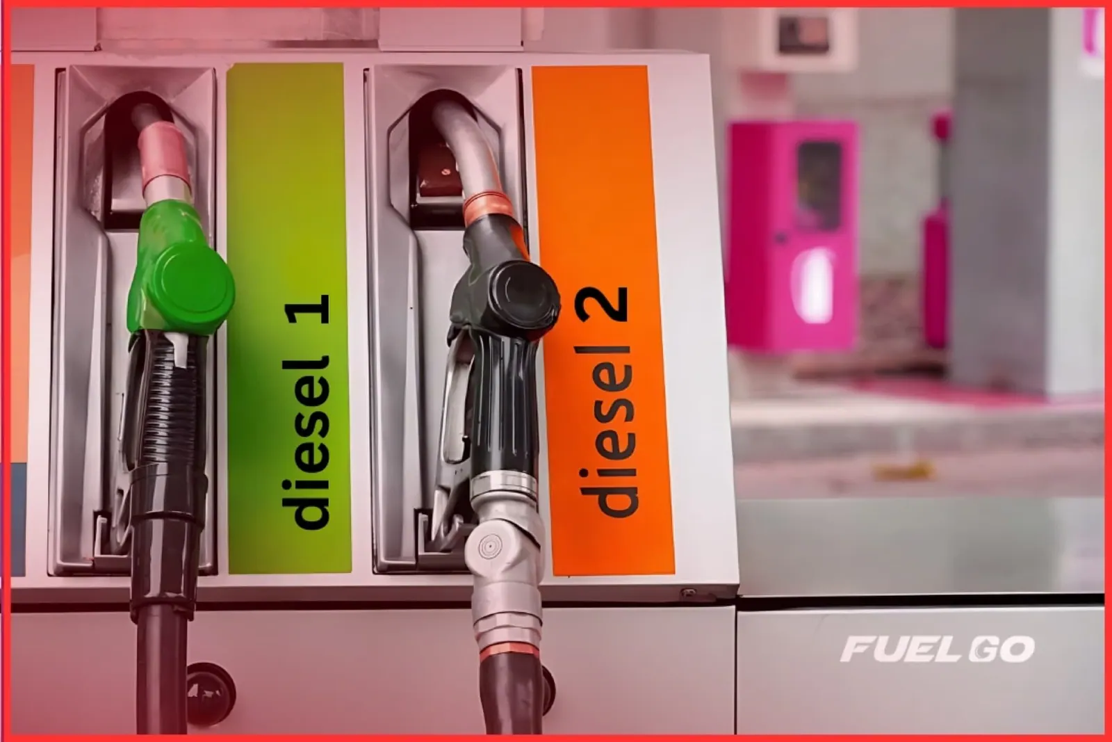 Two diesel pump nozzles side by side, labeled diesel 1 and diesel 2
