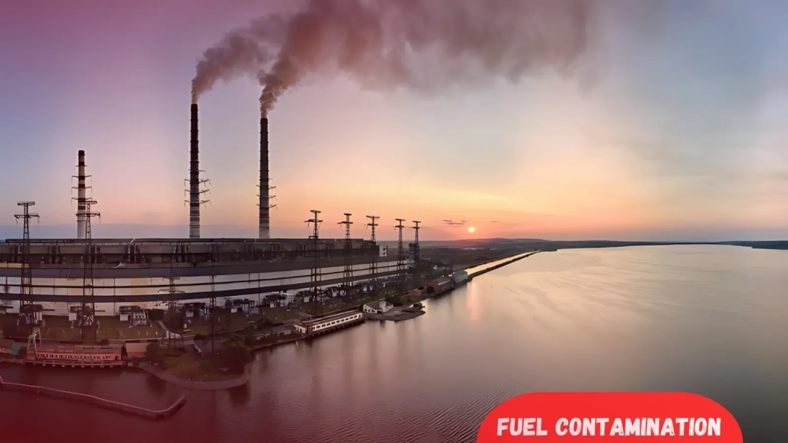 Power plant smokestacks venting smoke beside a river at sunset, with a red Fuel Contamination label